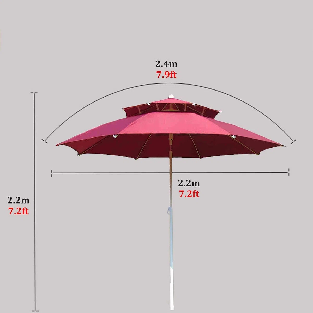 Parasol ogrodowy,Duży parasol handlowy 2,4 m/7,9 stopy, czerwona ochrona przed słońcem z 6 żebrami i żelaznym drążkiem, okrągły parasol do ogrodu przy basenie
