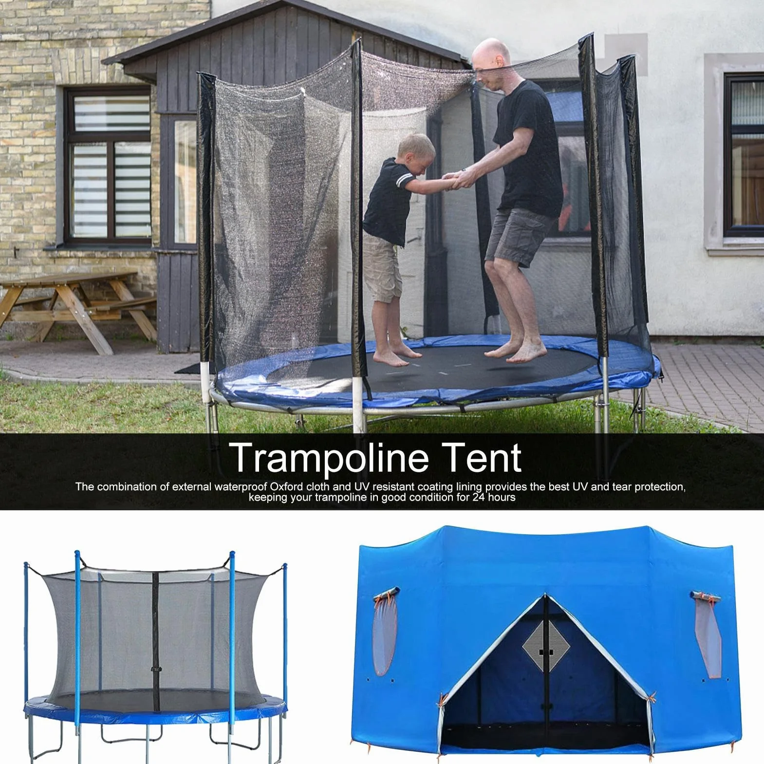 Osłona przeciwsłoneczna do trampoliny, 306 cm, 366 cm, 427 cm, namiot do trampoliny, 8 drążków, odporny na działanie promieni UV, wodoszczelny, żagiel przeciwsłoneczny, akcesoria