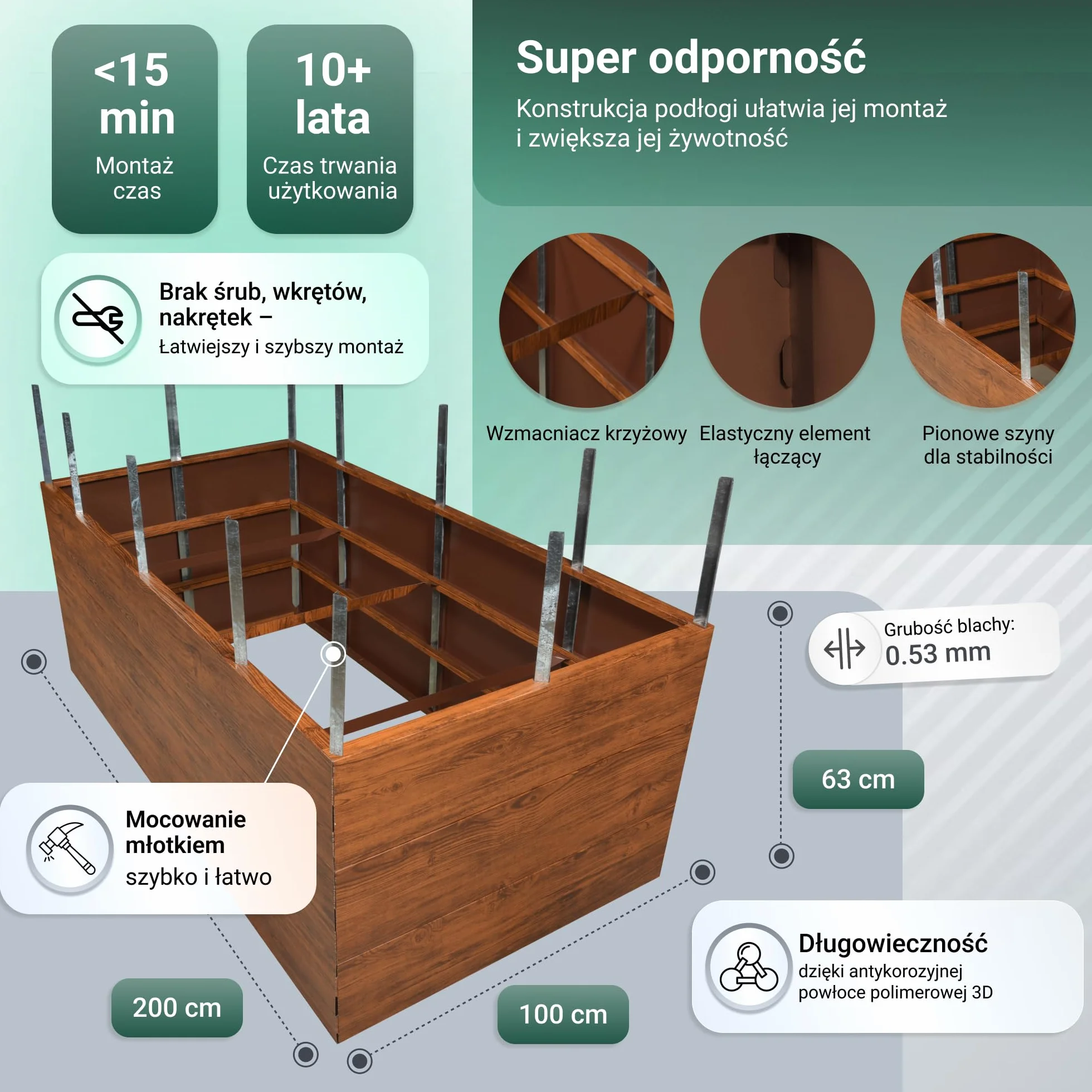 Podwyższona grządka ogrodowa 200x100x63 cm stal powlekana polimerem odporna na warunki atmosferyczne