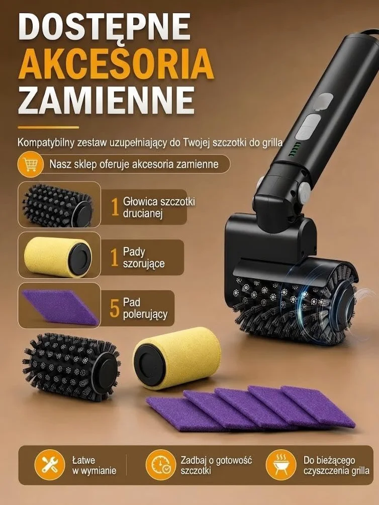 Elektryczna szczotka do grilla z 3-stopniową regulacją mocy, akumulatorowa i bezprzewodowa szczotka do czyszczenia grilli zewnętrznych; w zestawie 2 wymienne głowice oraz nakładka szorująca