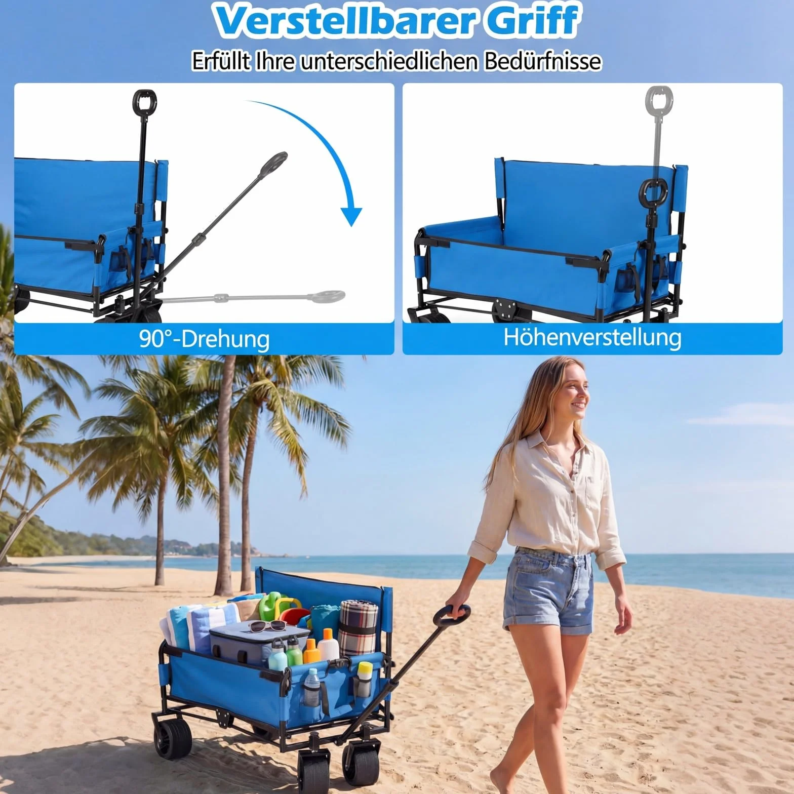 COSTWAY Wózek składany 2 w 1 z ławką, plażowy, 80 kg, ogrodowy transportowy