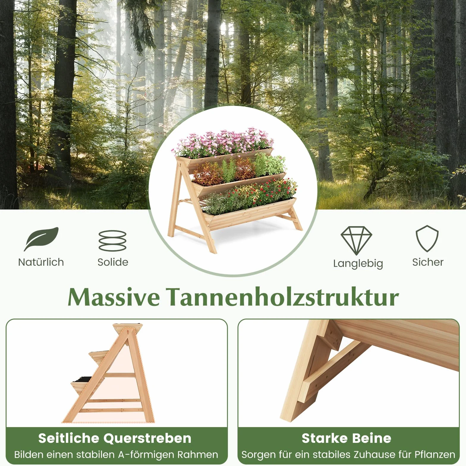 COSTWAY 3-stopniowa podwyższona grządka drewniana, grządka na rośliny z półką, 2 haczyki i 3 folie na rośliny, grządka na zioła z 3 skrzynkami na kwiaty, grządka ogrodowa do ogrodu, na taras, balkon