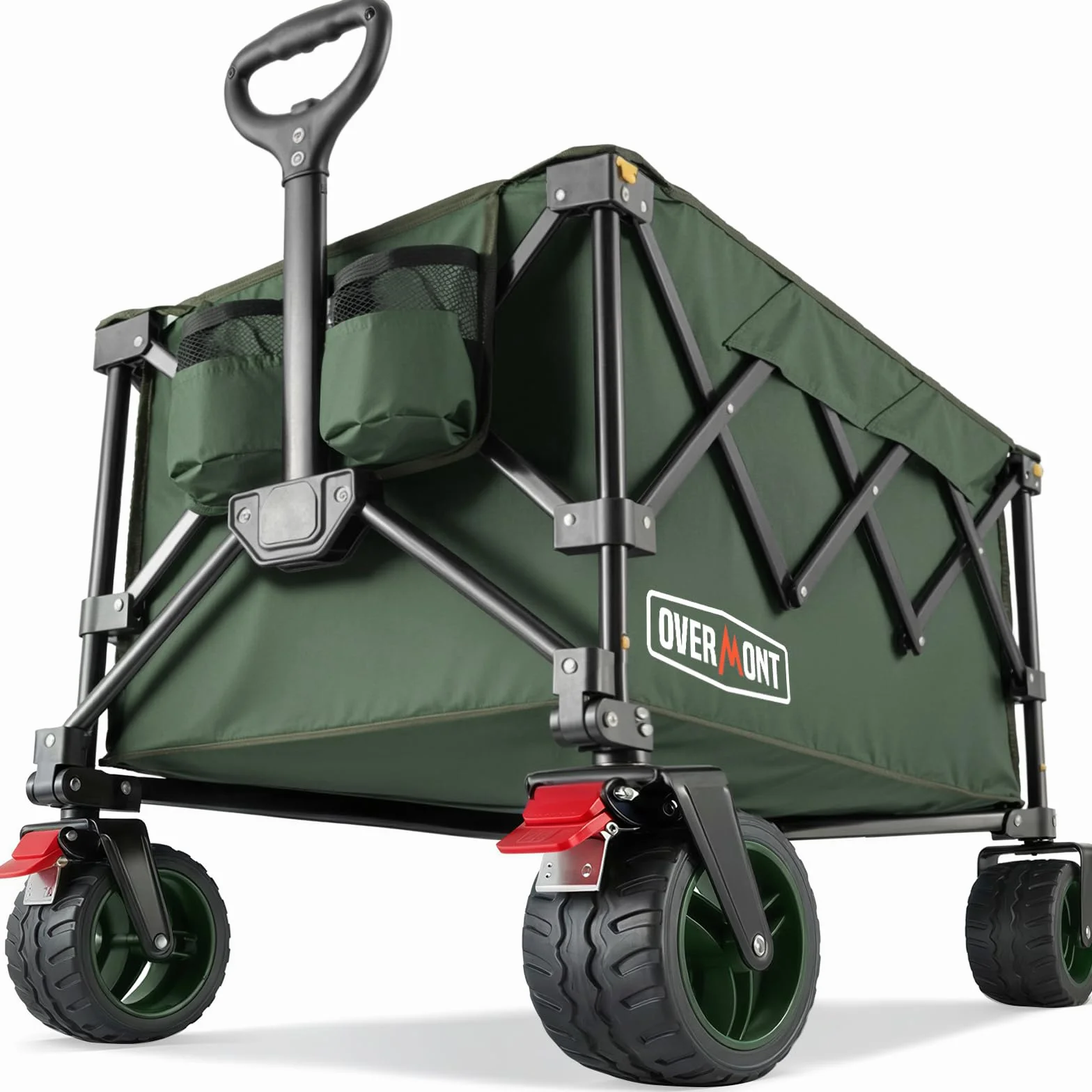Overmont Składany Wózek Ręczny - Szerokie Kółka Do Jazdy w Terenie - Nośność 150 kg - Na Kemping, Sport, Zakupy, Ogród, Zielony