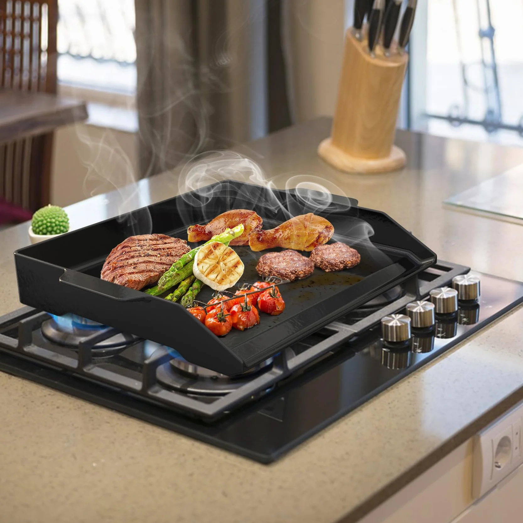 Onlyfire emaliowana płyta grillowa z powłoką nieprzywierającą i bardzo wysokimi ściankami bocznymi do wszystkich grilli gazowych i kuchenek gazowych, 47,2 x 35,5 x 5,5 cm