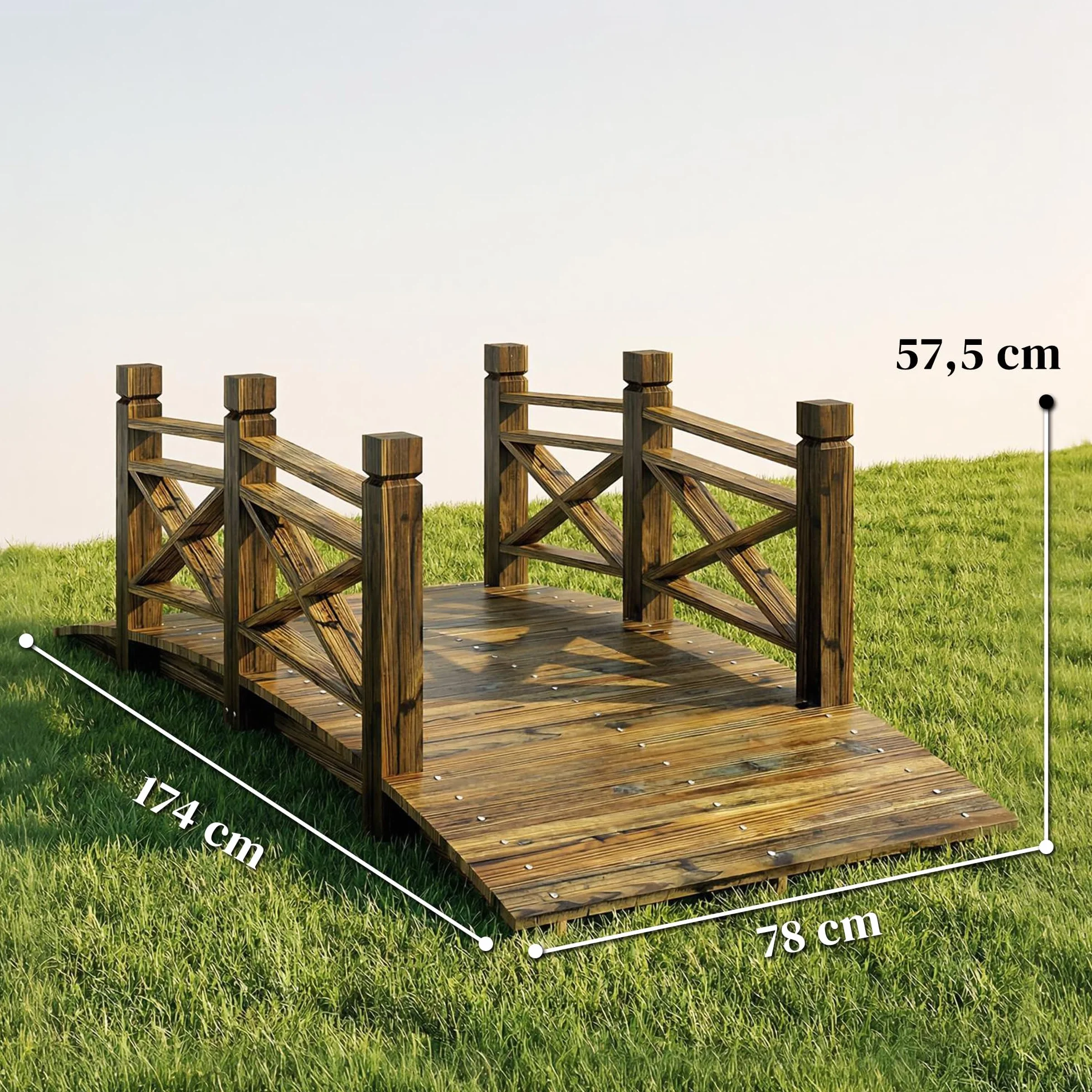 Outsunny Drewniany Mostek z Balustradami, Ogrodowy Mostek z Drewna Jodłowego, Dekoracyjny Mostek do Stawu, Rustykalny Mostek Ogrodowy, Obciążenie do 200 kg, 174 x 78 x 57,5 cm, Spalony