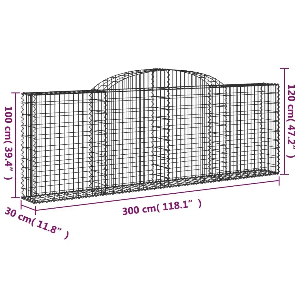 Kosze gabionowe łukowe 10 szt. 300x30x100/120 cm żelazo ocynkowane | Drut odporny na korozję 3,5 mm, haki wzmacniające, wypełnienie kamieniem lub żwirem, zastosowanie w ogrodzie na patio