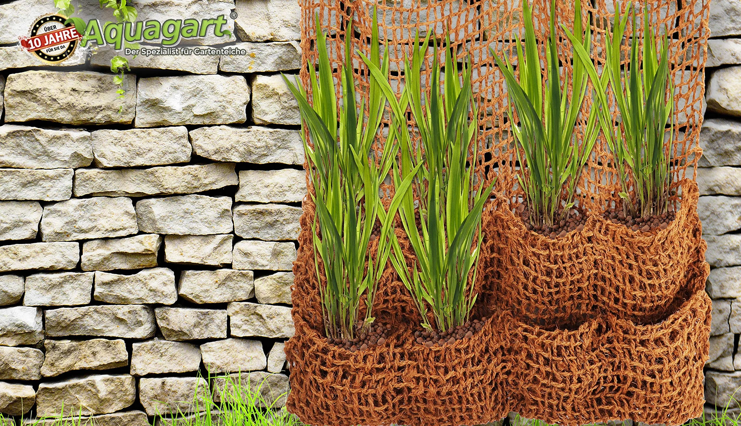 Aquagart 3 kokosowe torby na rośliny, mata kokosowa, do stawu, na brzeg, torba na skarpanie, do stawu, 100 x 100 cm, z 8 kieszeniami na staw, 700 g, włókna naturalne, akcesoria do sadzenia stawu