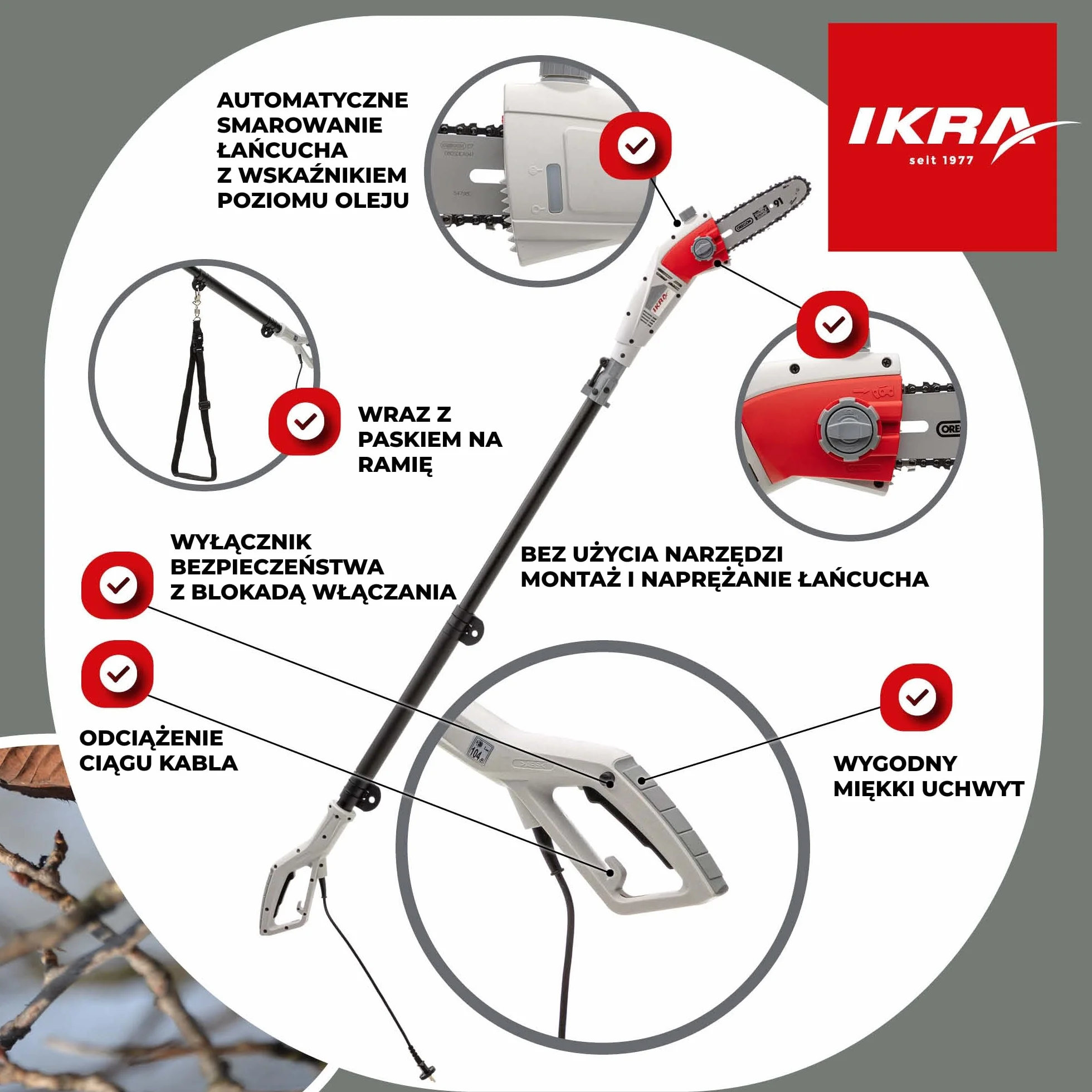 IKRA pilarka łańcuchowa teleskopowa elektryczny IEAS 750, wysokość robocza 4 m, 750 W, w zestawie 2x łańcuchy tnące i pasek na ramię