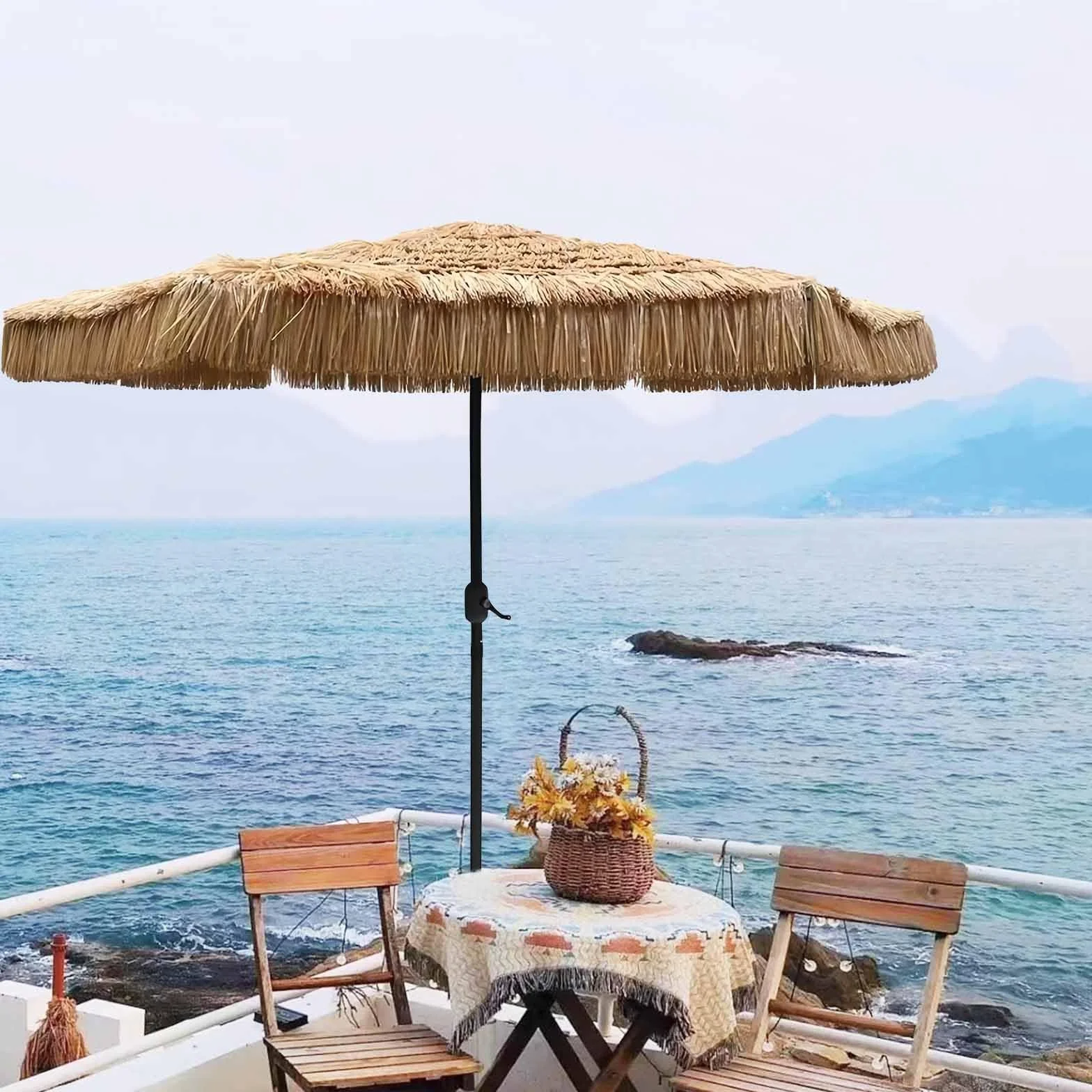 Duży Parasol Plażowy Słomiany z Korbką 2,7 m, 8 Żeber, Ochrona UV