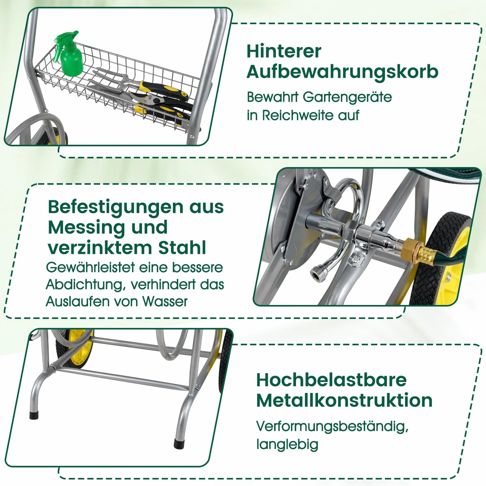 COSTWAY Metalowy wózek na wąż 70 m, na wąż 16 mm, wózek ogrodowy z 2 gumowymi kółkami, koszem i korbą, ruchomy bęben na wąż, dozownik węża do ogrodu, na balkon, 76 x 55 x 92 cm (srebrny)