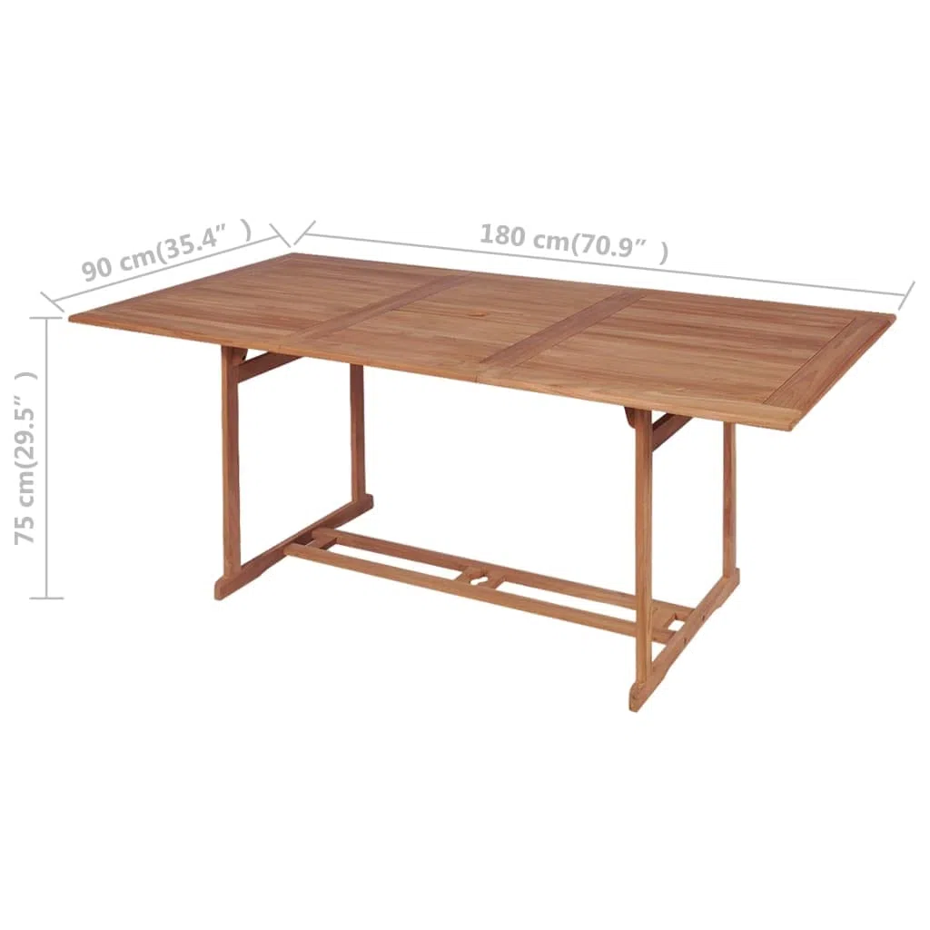 Stół do jadalni z litego drewna tekowego 180 x 90 x 75 cm z otworem na parasol przeciwsłoneczny do ogrodu lub na taras, klasyczny design, precyzyjnie szlifowany, łatwy w pielęgnacji