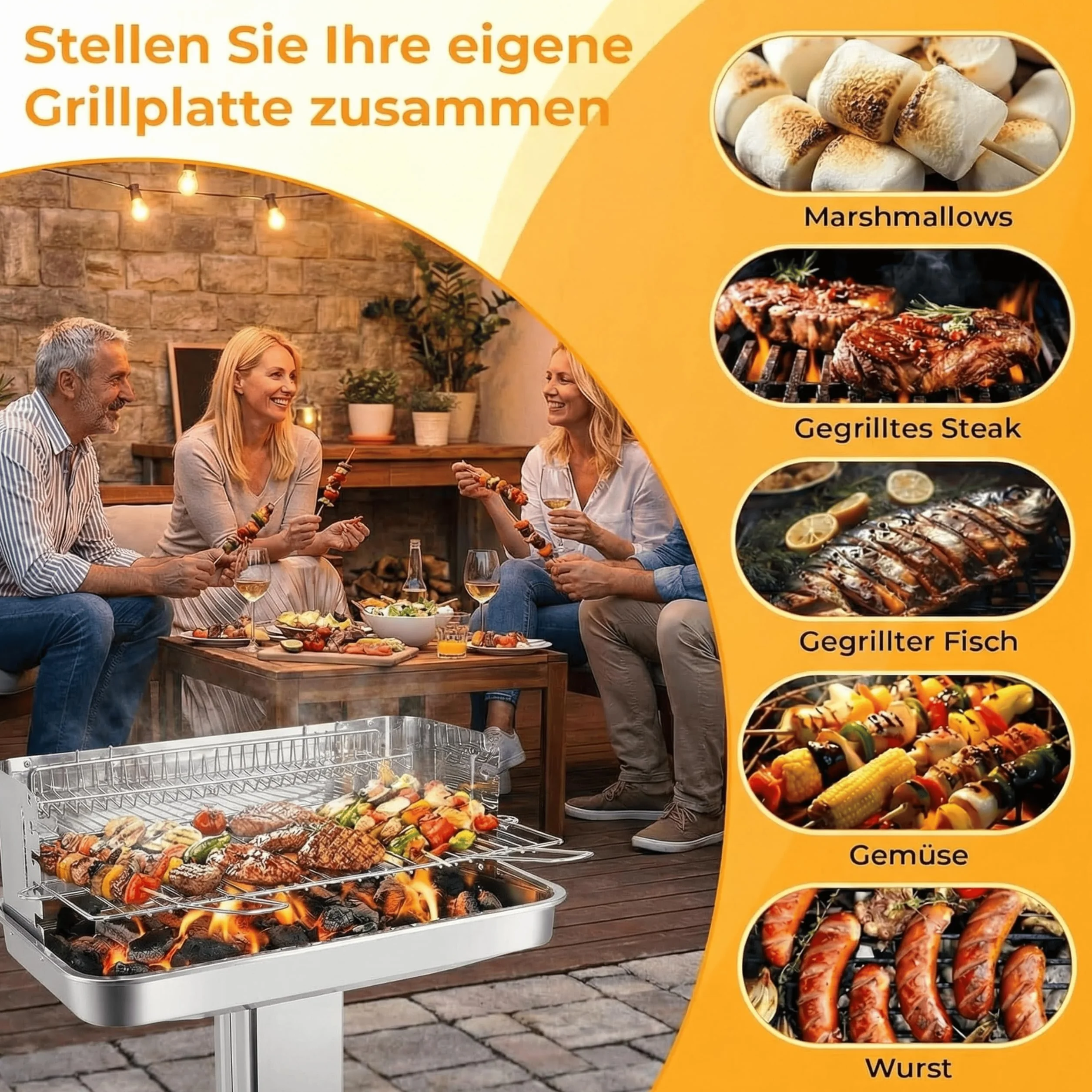 Grill na węgiel drzewny ze stali nierdzewnej, kolumnowy, z regulacją wysokości, kosz do przechowywania