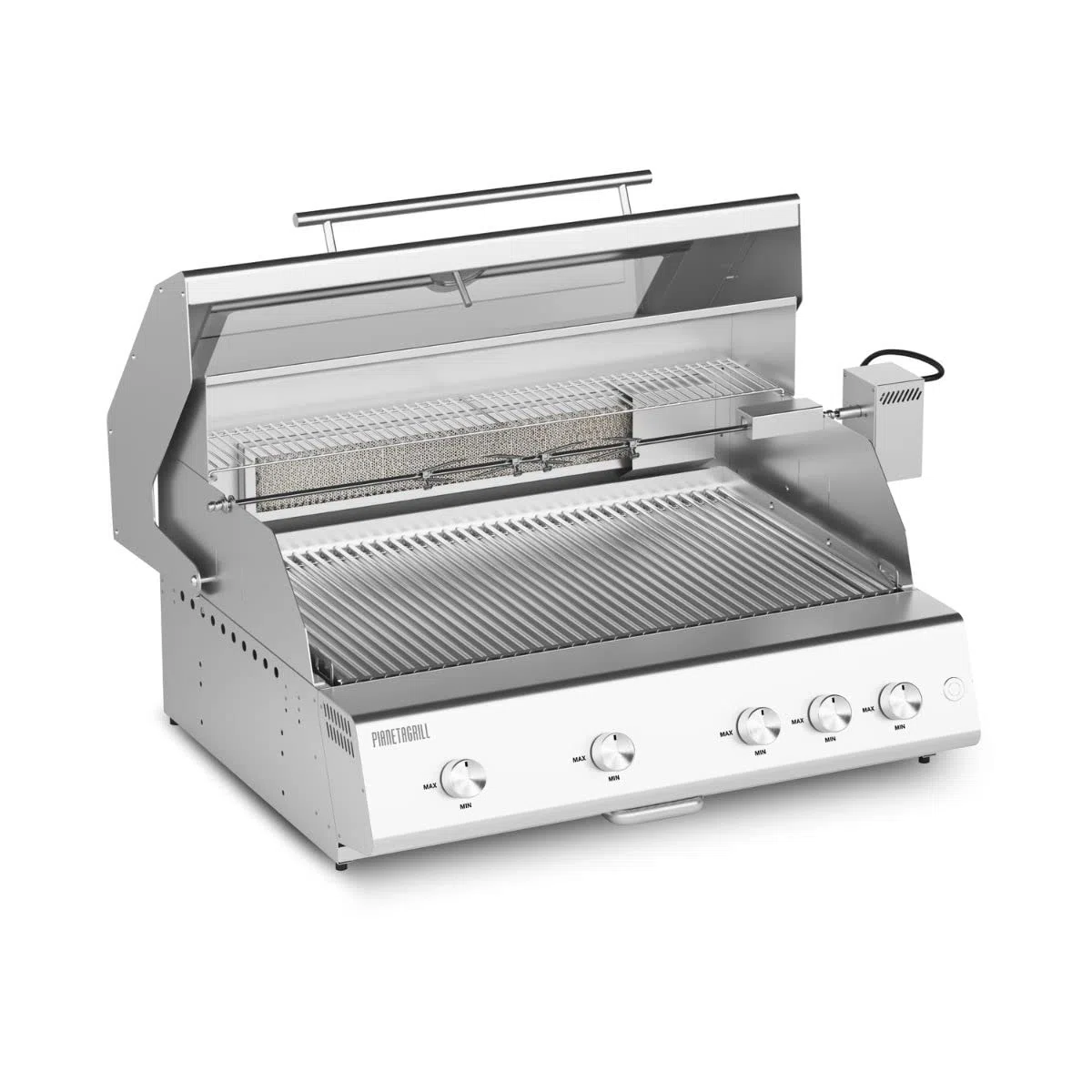 FRY TOP 750 RANGE grill gazowy, grill gazowy, zewnętrzny grill ze stali nierdzewnej, z 5 palnikami, 4 palniki 4 kW + 1 podczerwień, 2 ruszty, zmotoryzowany szpikulec, pokrywa z termometrem, płyta