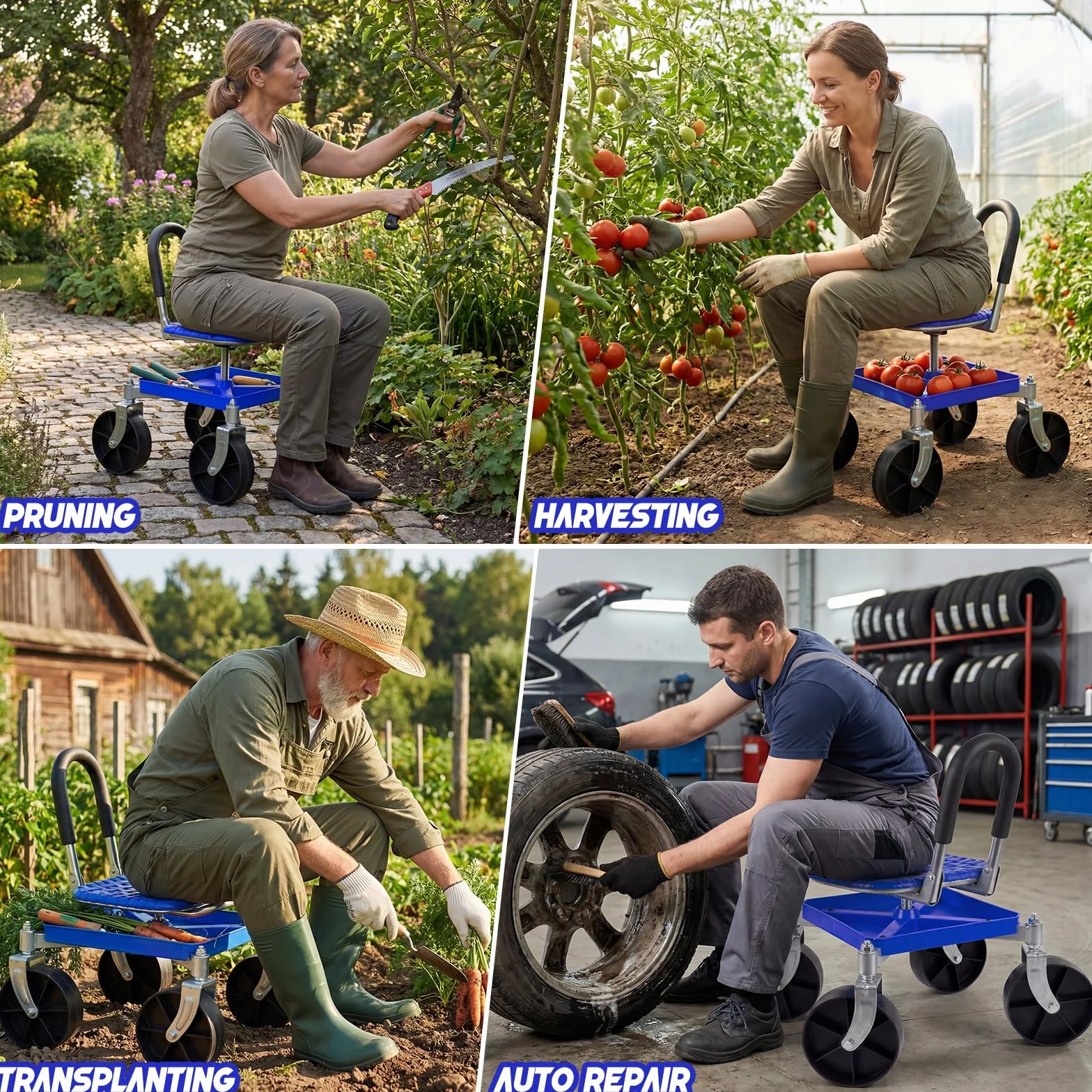 Stołek ogrodowy na kółkach 150 kg – 360° obrotowe siedzisko i kółka, regulacja wysokości 51–61 cm – solidny stołek do ogrodu i garażu z rękawicami do pielenia, sadzenia i czyszczenia auta