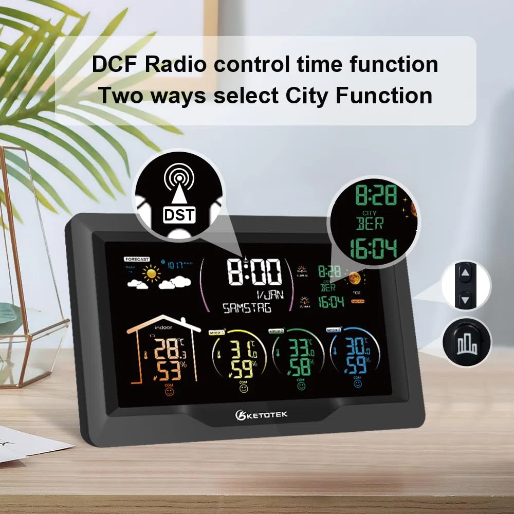 KETOTEK Bezprzewodowa stacja pogodowa z 3 czujnikami zewnętrznymi, cyfrowy termometr VA LCD, higrometr, barometr z DCF, budzik, prognoza pogody, faza księżyca, wschód i zachód słońca