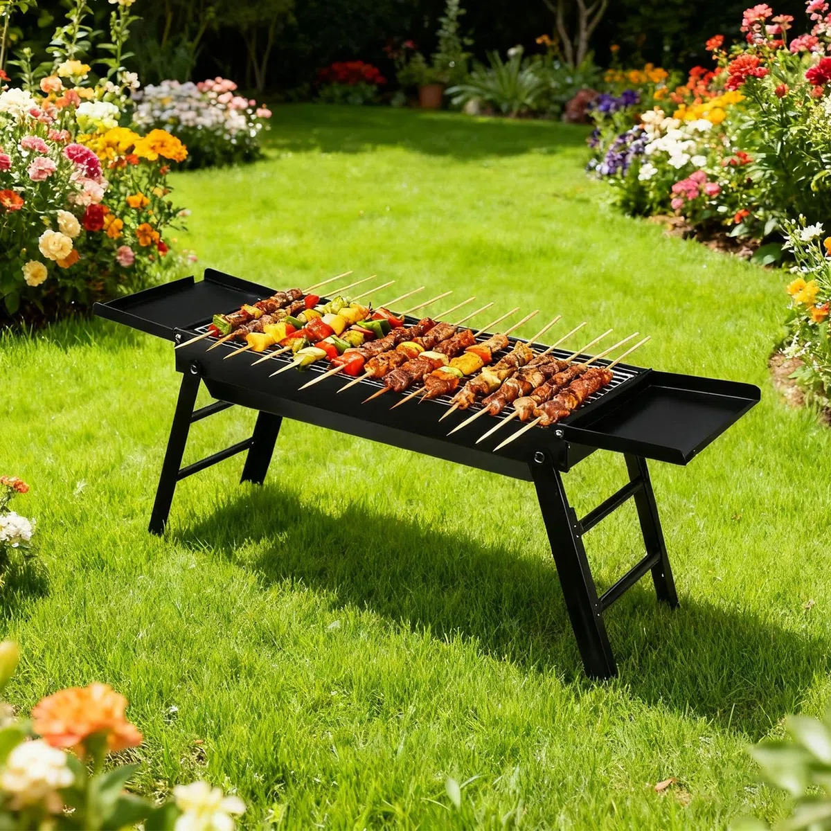 Składany Grill Składany Piecyk | Zewnętrzny Grill Barbecue Na Węgiel Drzewny Z Bocznymi Tackami Do Ogrodu, Na Świeżym Powietrzu, Do Mieszkania, Na Balkon, Na