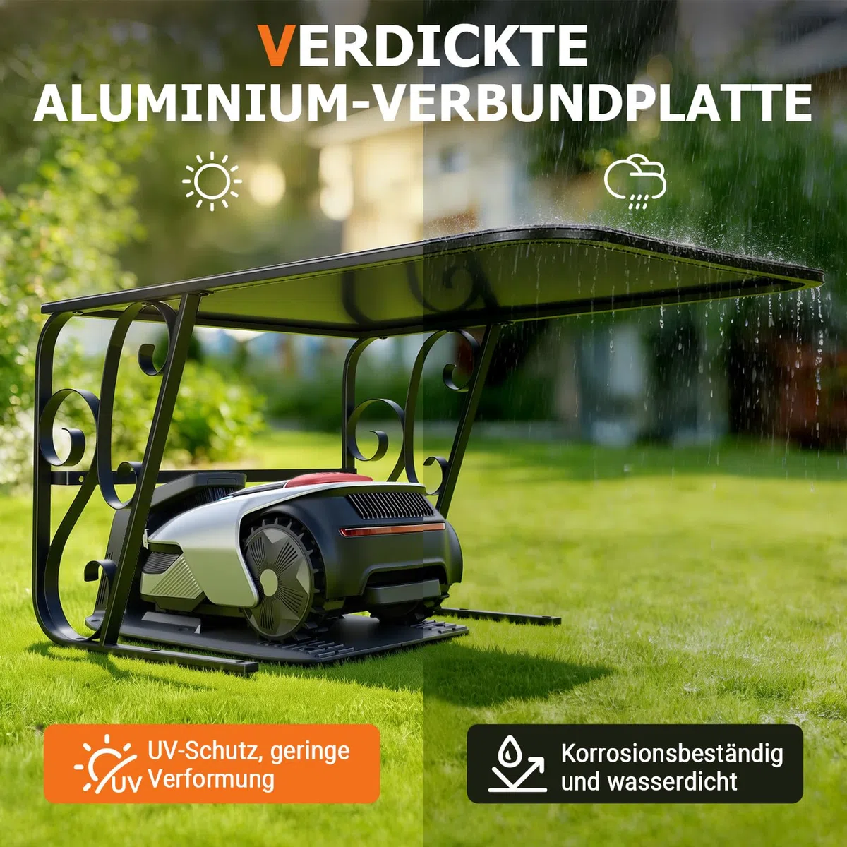 Garaż dla robota koszącego z metalowymi nóżkami, zadaszenie ochronne do kosiarek, ochrona przed promieniowaniem UV, idealne rozwiązanie na deszcz i grad, 43 x 56 x 82 cm, kolor czarny