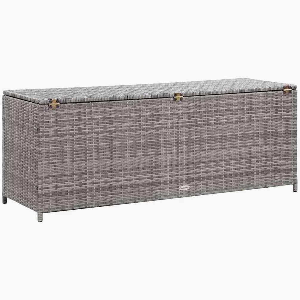 Szara skrzynia ogrodowa z polirattanu 150 x 50 x 60 cm, skrzynia na poduszki na taras, balkon, miejsce do przechowywania poduszek i ławki do siedzenia o wadze 160 kg