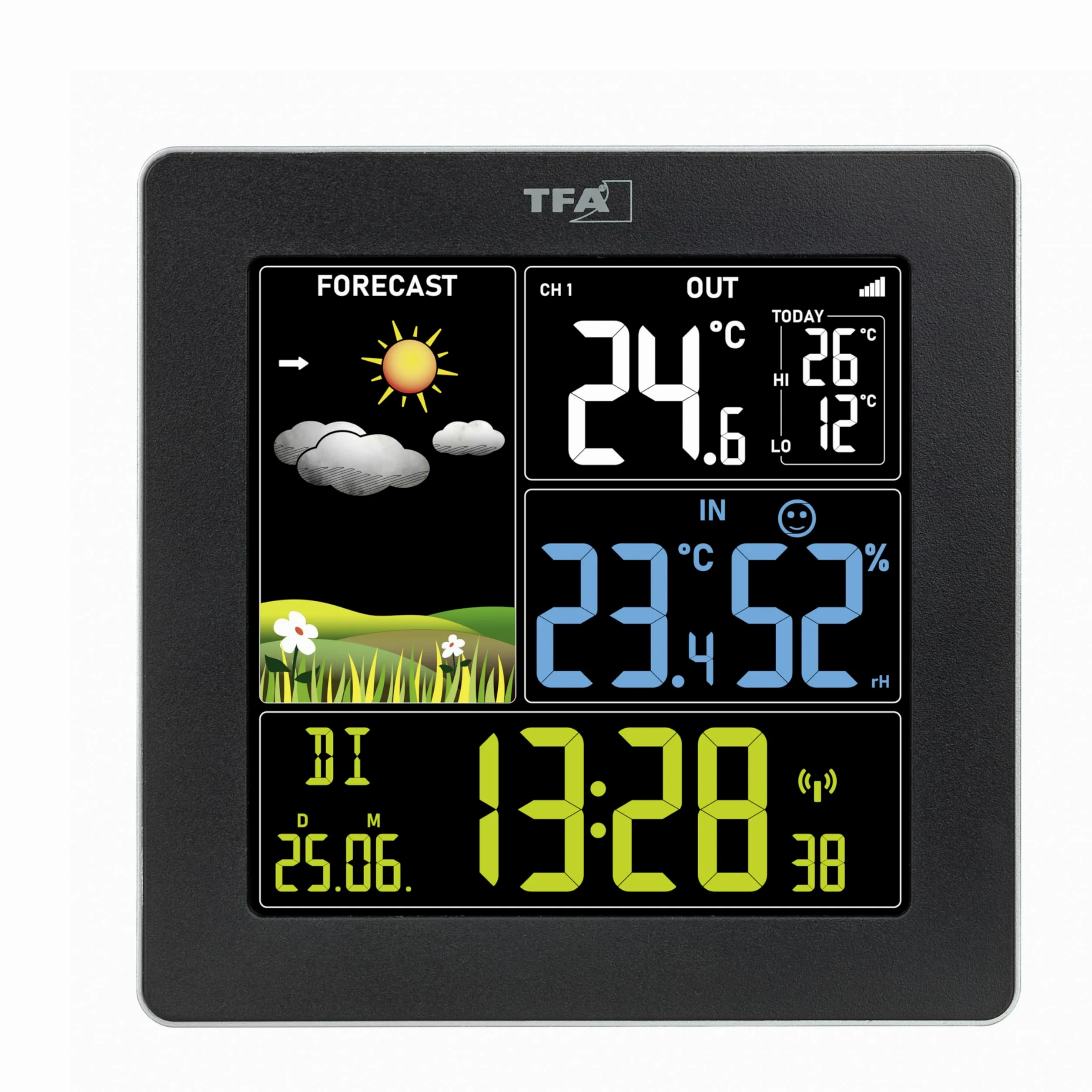 TFA Dostmann Radiowa stacja pogodowa SUN2 z czujnikiem zewnętrznym, 35.1174, do temperatury wewnątrz i na zewnątrz, duży kolorowy wyświetlacz, klimat mieszkania, zegar radiowy z datownikiem,
