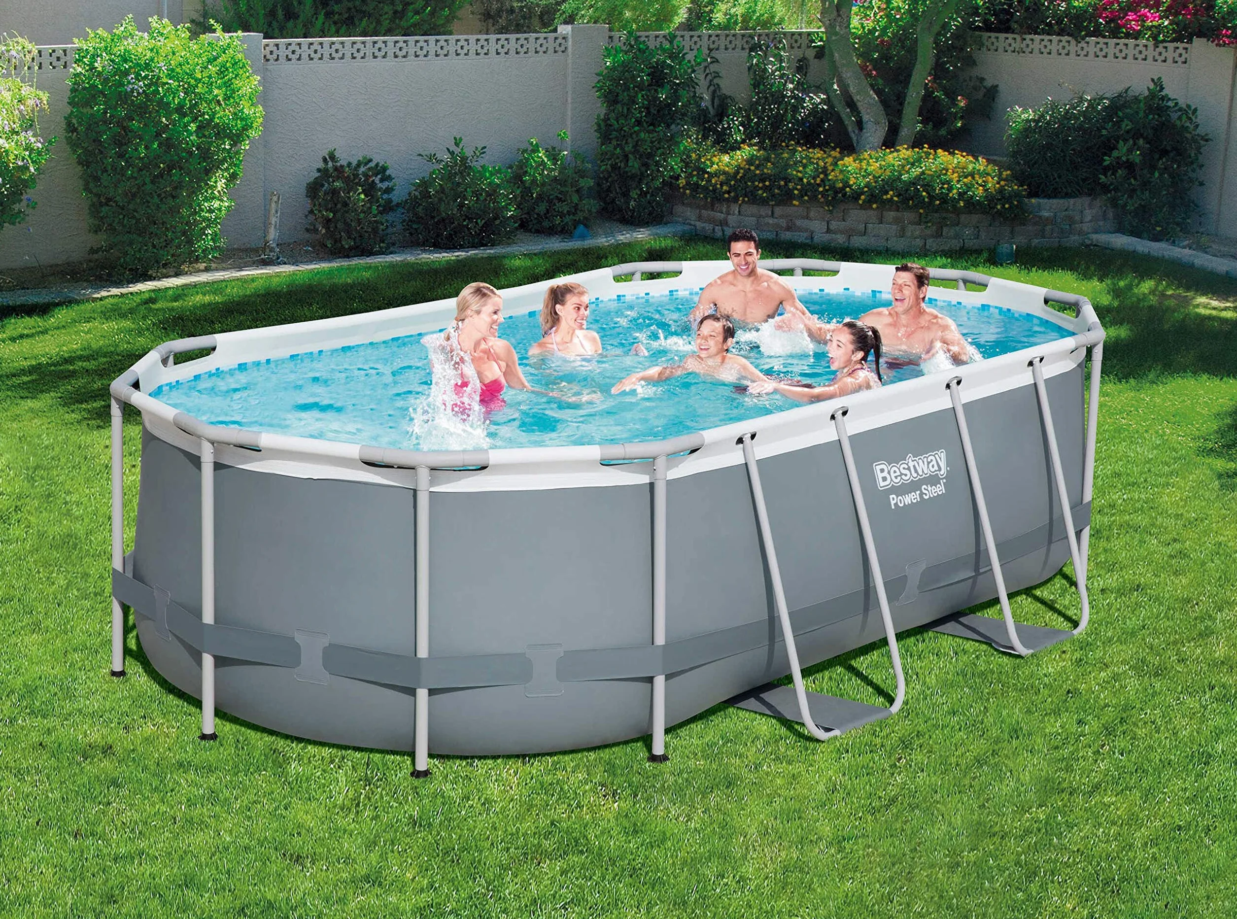 Bestway Power Steel 56620 basen z ramą, owalny, 7250 l, niebieski, szary, 90 cm, 1817 l/h)
