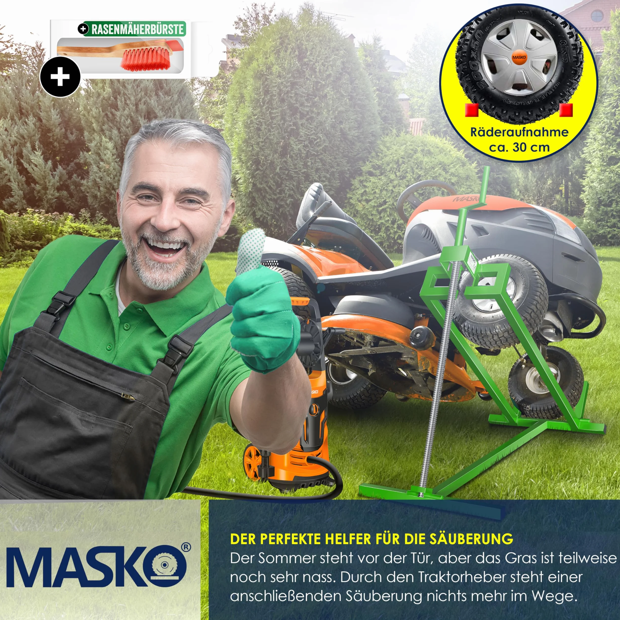 MASKO® Podnośnik do traktora ogrodowego XXL, 450 kg, podnośnik do kosiarki, uniwersalny podnośnik do traktora, regulowany kąt nachylenia 45°, w zestawie rękawice robocze i szczotka, zielony