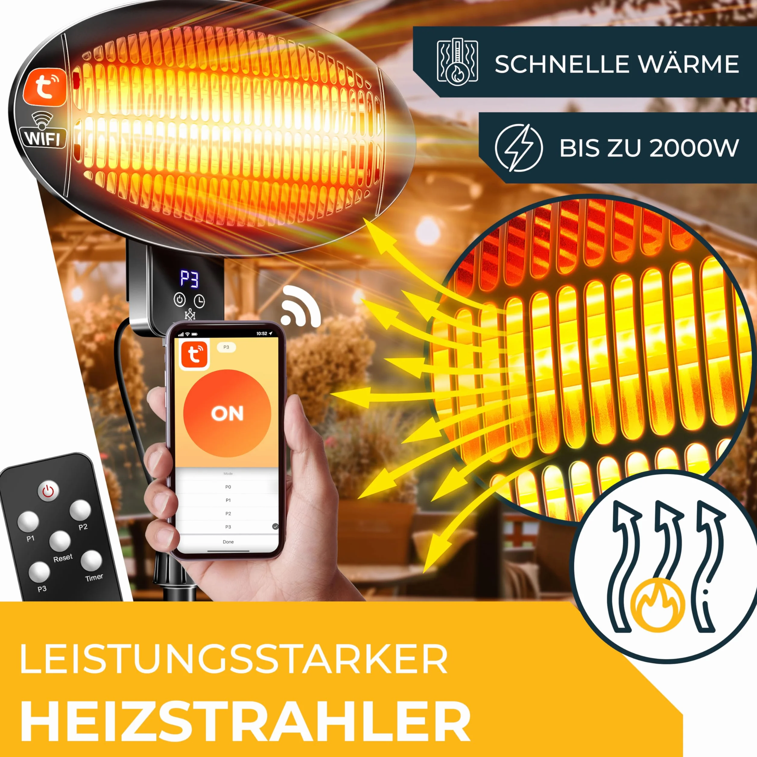 KESSER® Promiennik podczerwieni 2000 W, promiennik tarasowy z WiFi i pilotem zdalnego sterowania, obracany o 360°, regulacja wysokości, stojący i montaż ścienny, ochrona przed przewróceniem, IPX4,