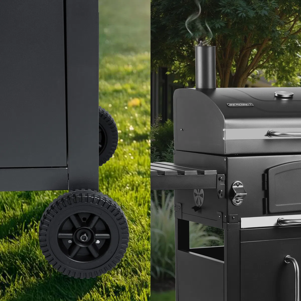 Berdsen Grill Węglowy Ogrodowy BBQChef z Kominem i Żeliwnym Rusztem 41,5 x 57 cm - Regulowane Palenisko, Termometr, Składane Półki, Szafka - Przenośny na Kołach - Antracytowy