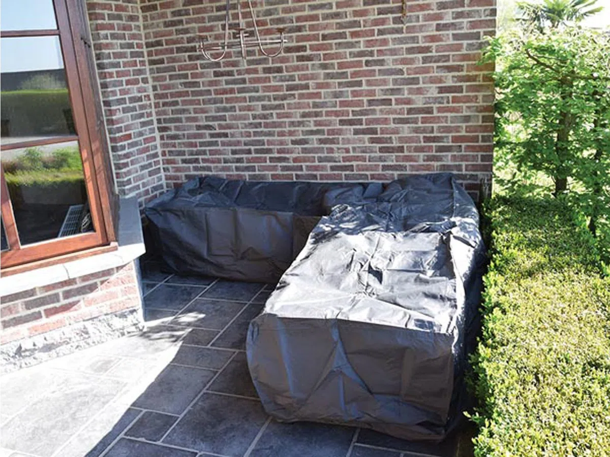 Zestaw pokrowców ochronnych: 250 x 250 cm do ogrodu w kształcie litery L + pokrowiec na 6-8 poduszek