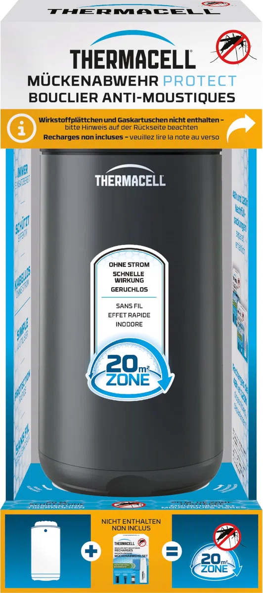 Thermacell Protect urządzenie podstawowe bez płytek z substancji czynnych, innowacyjna ochrona przed komarami, nowoczesne wzornictwo, do ogrodu, na taras, kemping, grafitowy