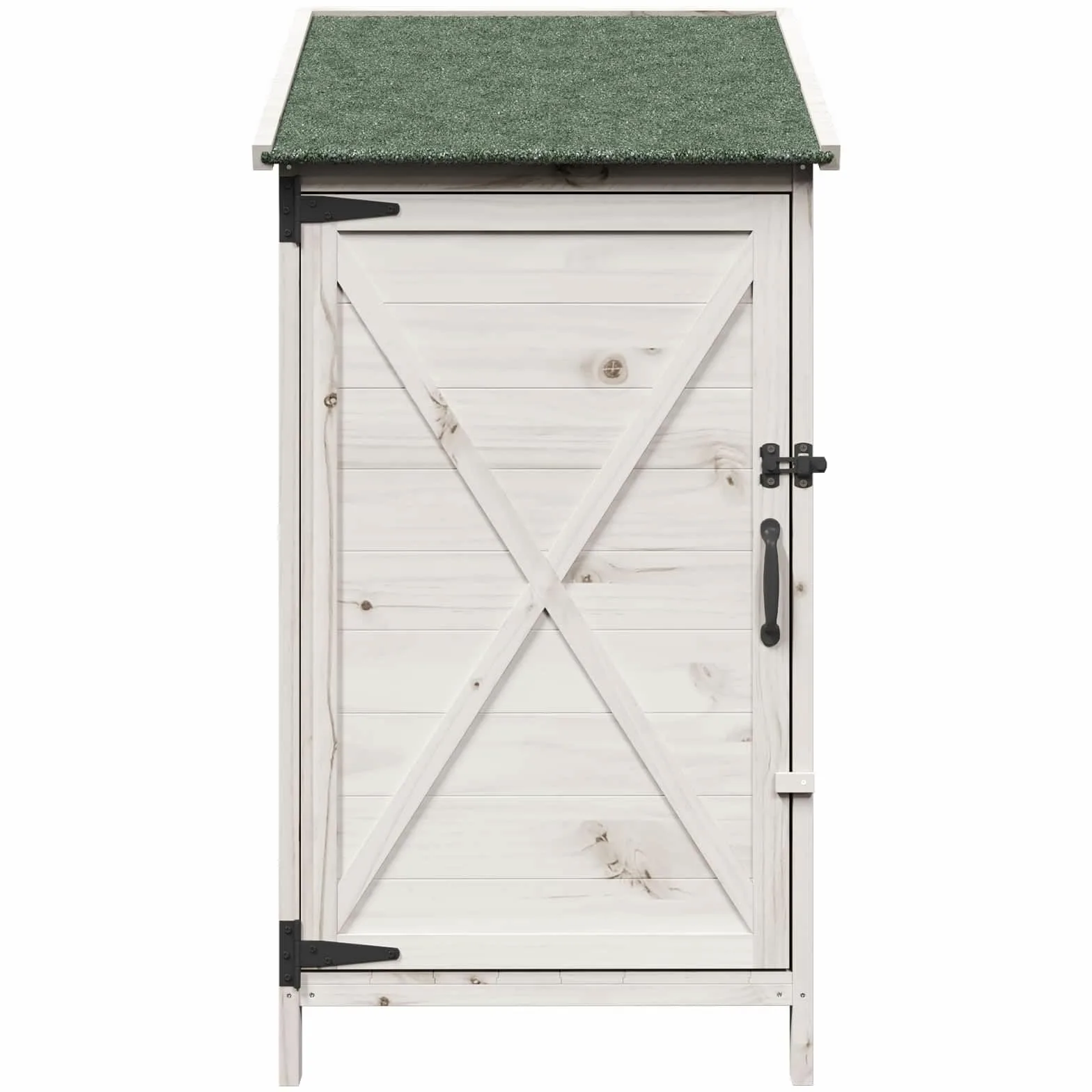 Drewniany domek ogrodowy, biały, 59,5 x 56 x 113,5 cm, z materiału drewnopochodnego z drzwiami wentylacyjnymi i nachylonym dachem asfaltowym do przechowywania narzędzi ogrodowych