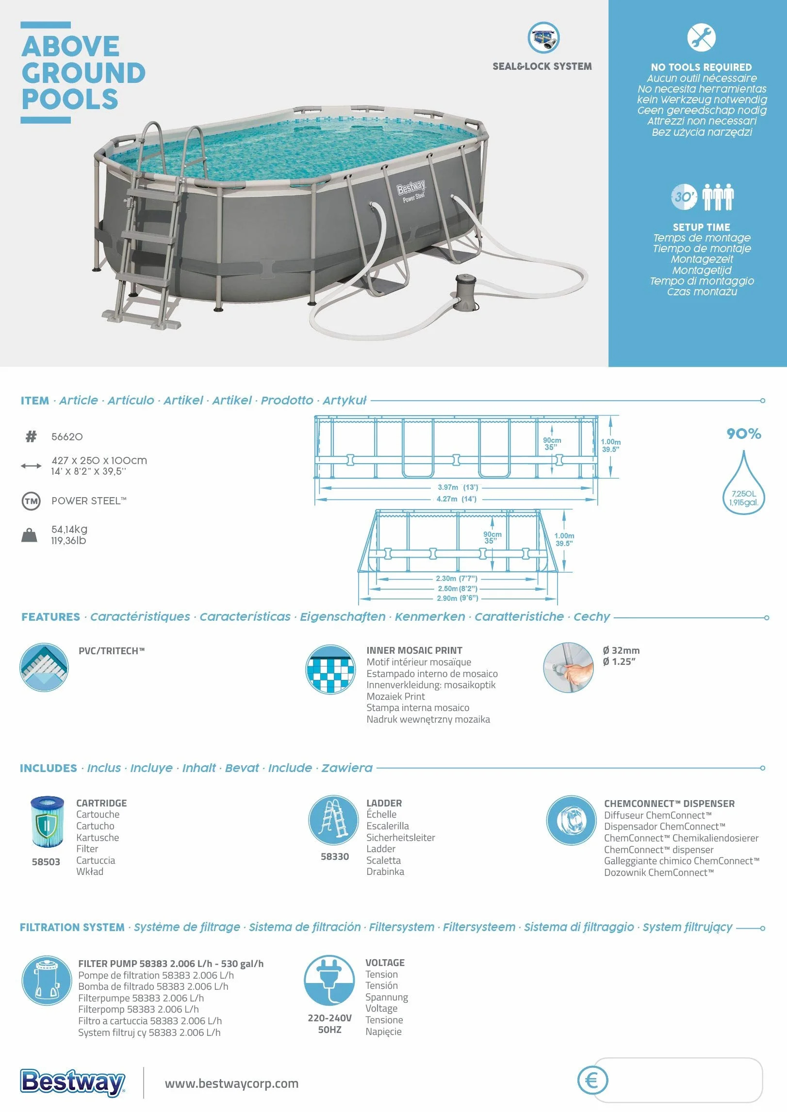 Bestway Power Steel 56620 basen z ramą, owalny, 7250 l, niebieski, szary, 90 cm, 1817 l/h)