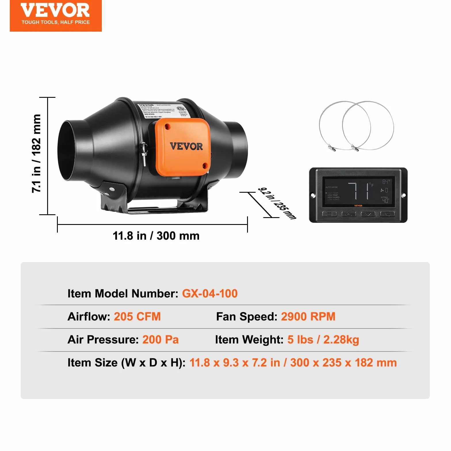 VEVOR Inline wentylator kanałowy, 21 W, 205 CFM z regulatorem temperatury i wilgotności, cichy silnik EC, wentylator wyciągowy do chłodzenia, wzmacniacza wzrostu, hydroponiki