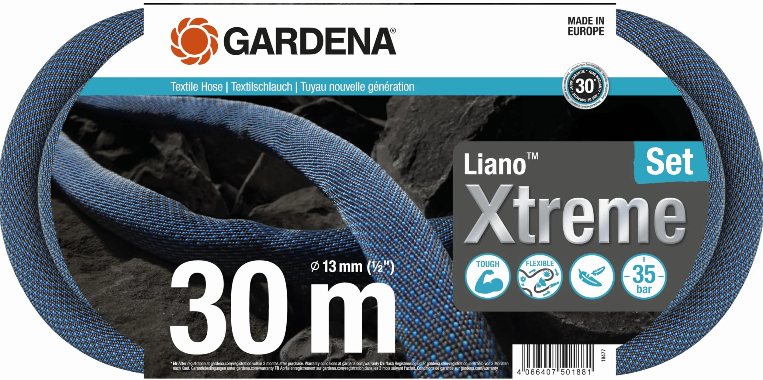 Gardena Liano Xtreme, 1/2 cala, zestaw 30 m: Wytrzymały wąż ogrodowy z materiału, do wew. kurków do wody, z wężem wewnętrznym PVC, niewielki ciężar, odporność na czynniki atmosferyczne (18477-20)