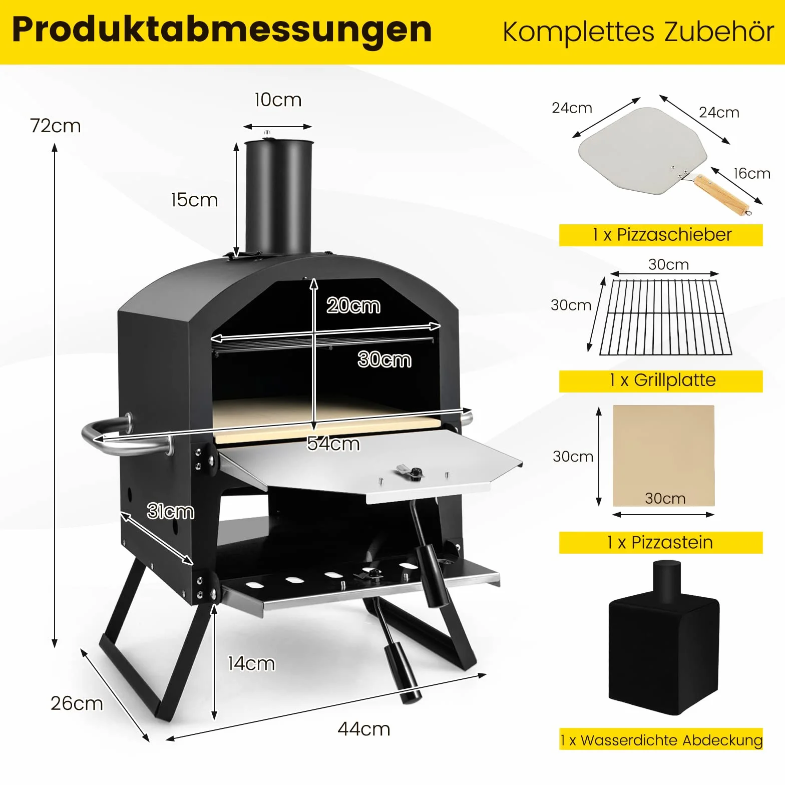 COSTWAY Piec do pizzy na zewnątrz, 2-warstwowy z rusztem grillowym, kamieniem, łopatką i składanymi nogami