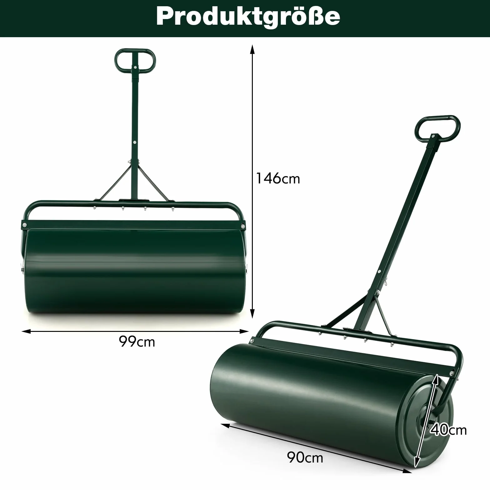 COSTWAY Walec do trawnika do napełniania wodą lub piaskiem, 113 l, Ø 40 cm x 99 cm, wałek podłogowy z uchwytem, wałek ogrodowy, wałek ręczny, wałek do trawnika, do ogrodu, zielony