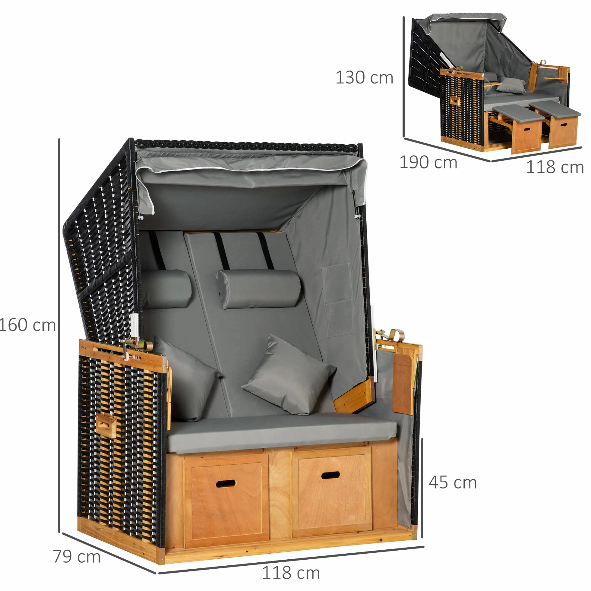 Outsunny kosz plażowy z podnóżkiem i stołem składanym pełna pozycja leżąca leżak ogrodowy z uchwytami na napoje rattan PE kolor jasnoszary 118 x 79 x 150 cm