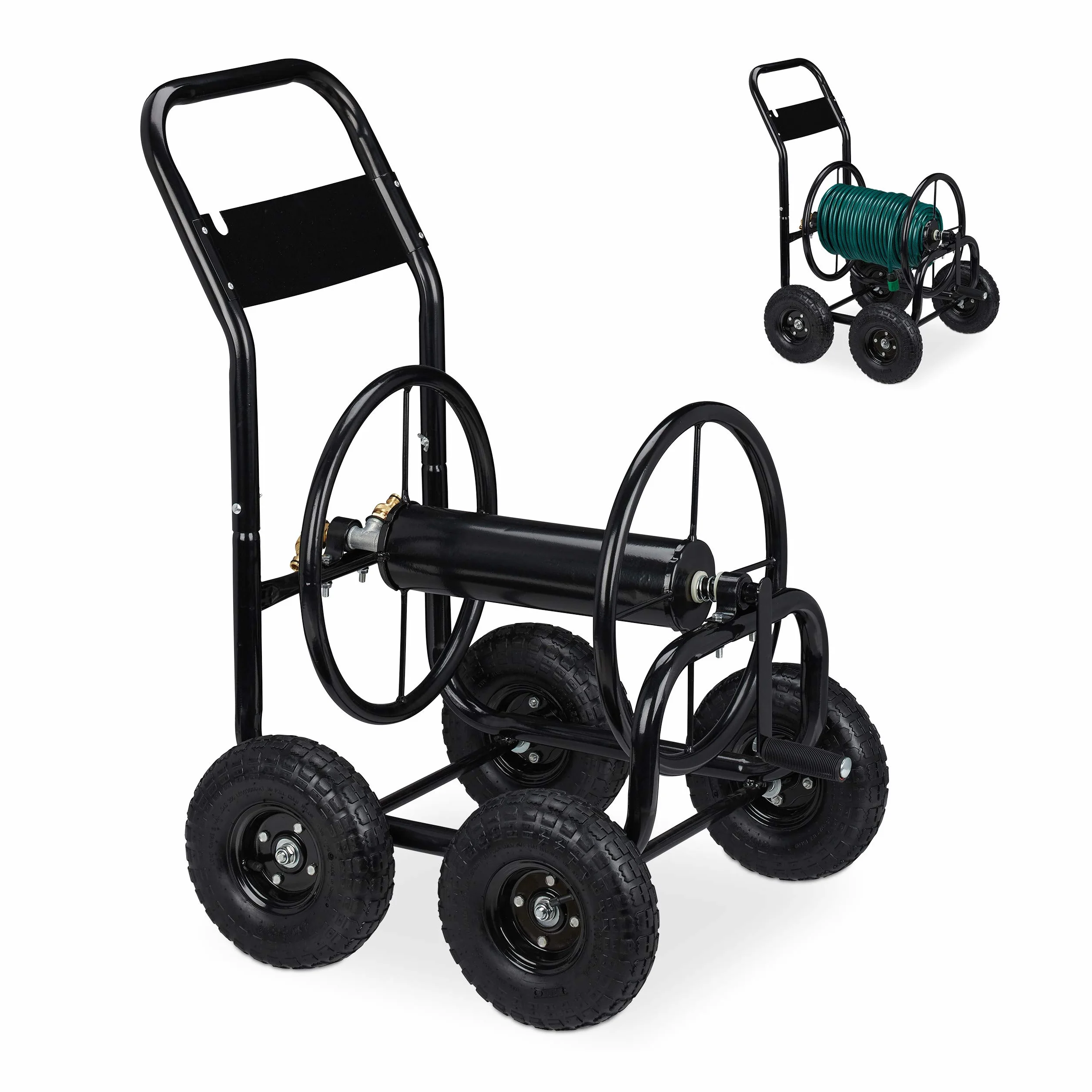 Wózek na wąż Relaxdays metalowy, mobilny bęben na wąż, metalowy, do 75 m węża, z korbą ręczną, 4 koła, czarny