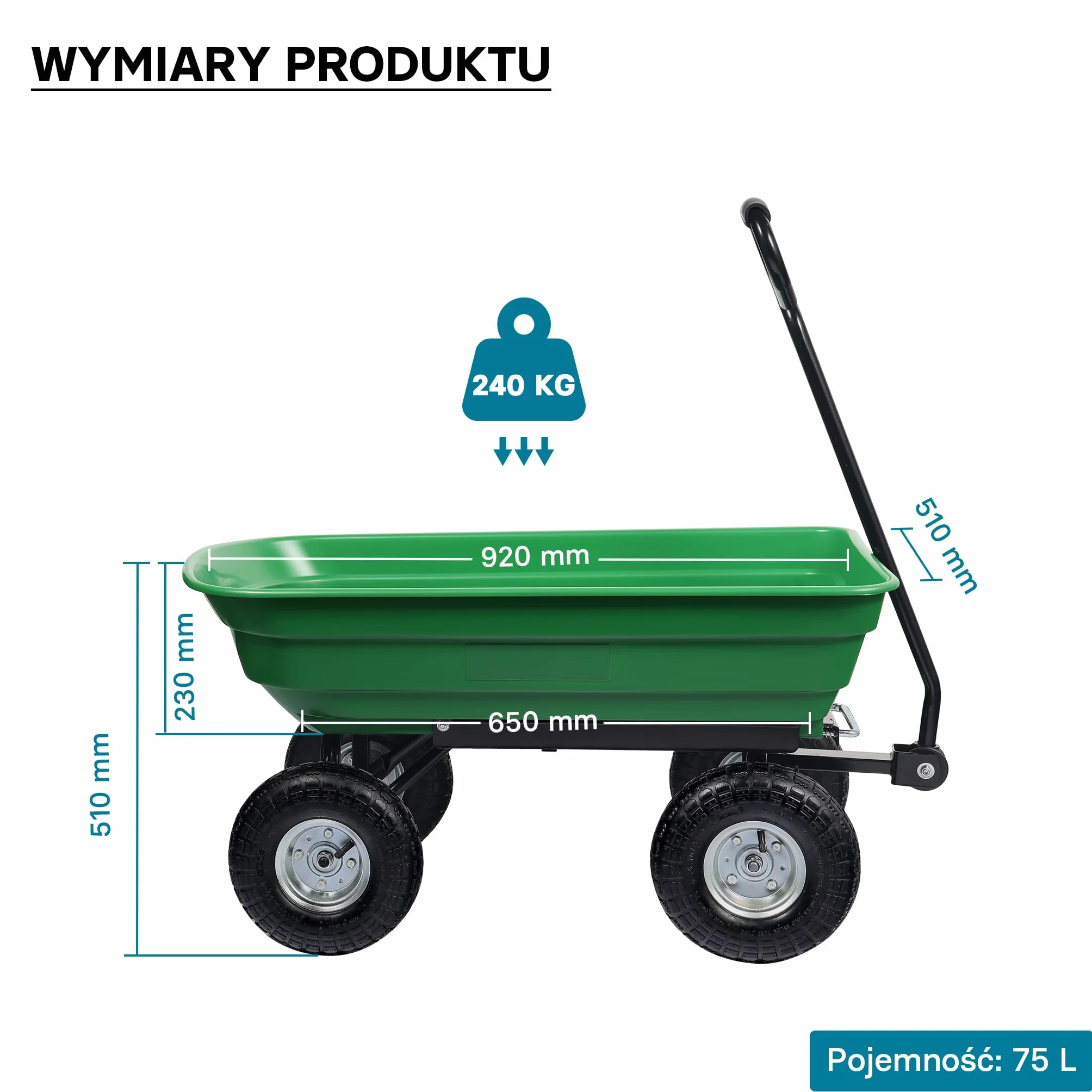 Wiltec Wózek ogrodowy z funkcją pochylenia do 240 kg nośności, wanna plastikowa o pojemności 75 l, wywrotka transportowa na 4 kołach